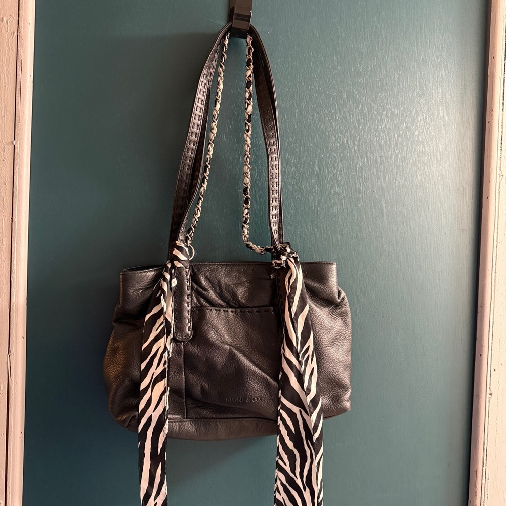 vintage stone & co black leather shoulder bag with zebra scarf - Picture 2 of 10